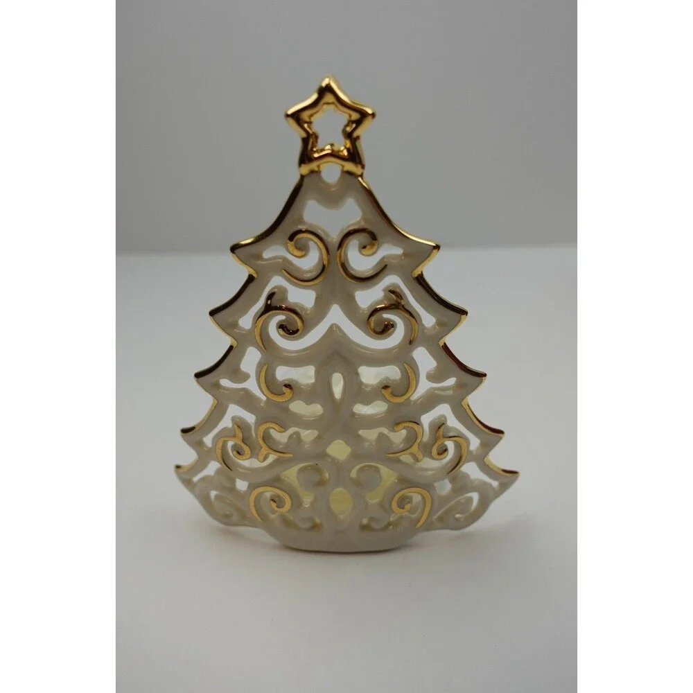 Lenox Bright Christmas Tree Votive Pierced Tree with Gold Trim Boxed